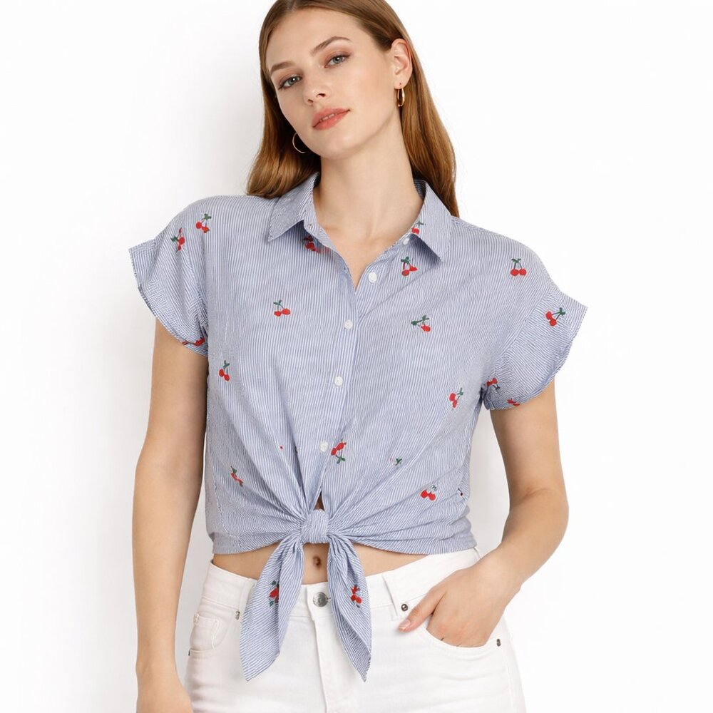 love, Fire Blue Cherry Embroidered Button Down Shirt